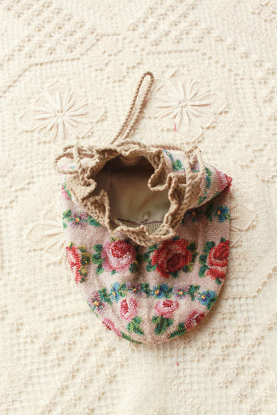 Antique Victorian Rose Floral Motif Glass Bead Satchel Bag
