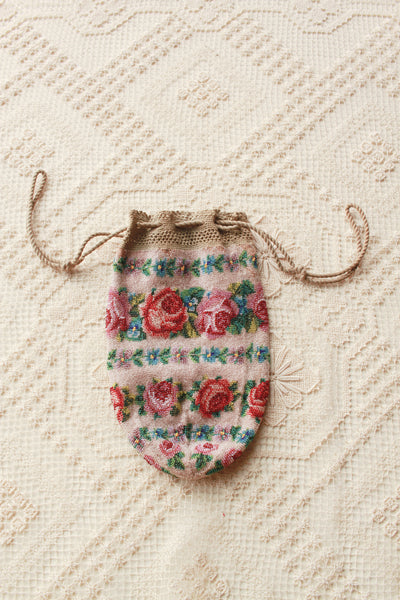 Antique Victorian Rose Floral Motif Glass Bead Satchel Bag