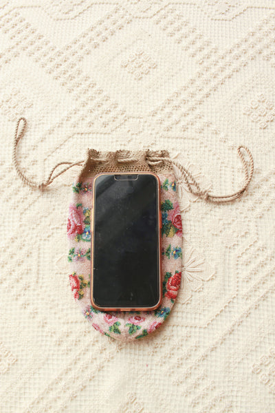 Antique Victorian Rose Floral Motif Glass Bead Satchel Bag