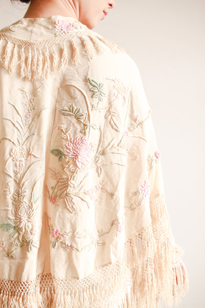 1920s Ecru Pastel Embroidered Fringe Capelet