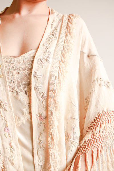 1920s Ecru Pastel Embroidered Fringe Capelet