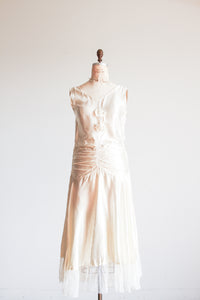 1920s Ivory Liquid Satin Ruched Dropwaist Dress
