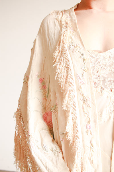 1920s Ecru Pastel Embroidered Fringe Capelet