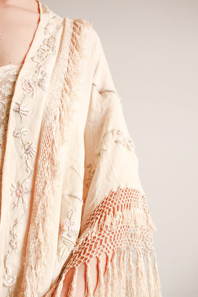 1920s Ecru Pastel Embroidered Fringe Capelet