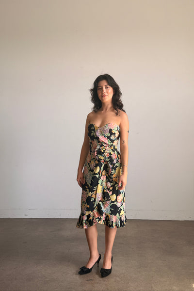 1980s Floral Print Black Silk Strapless Midi Dress
