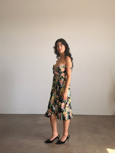 1980s Floral Print Black Silk Strapless Midi Dress
