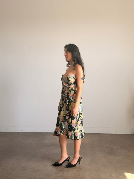 1980s Floral Print Black Silk Strapless Midi Dress