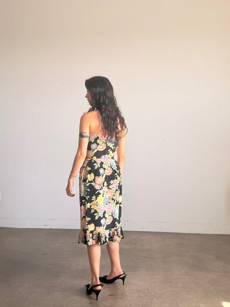 1980s Floral Print Black Silk Strapless Midi Dress
