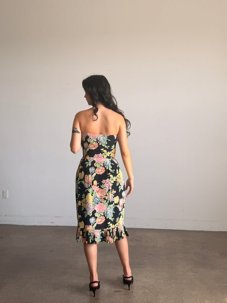 1980s Floral Print Black Silk Strapless Midi Dress