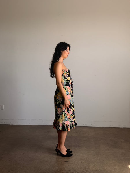 1980s Floral Print Black Silk Strapless Midi Dress