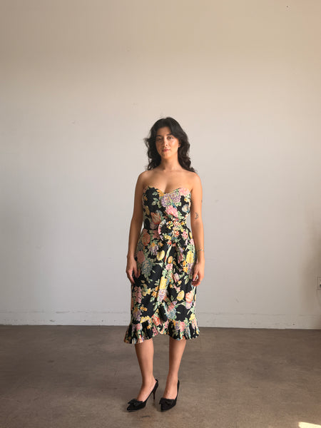 1980s Floral Print Black Silk Strapless Midi Dress