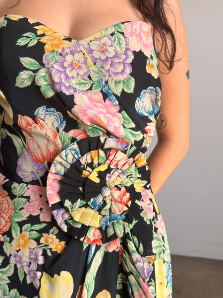 1980s Floral Print Black Silk Strapless Midi Dress
