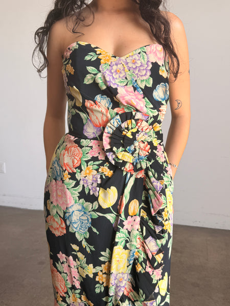 1980s Floral Print Black Silk Strapless Midi Dress