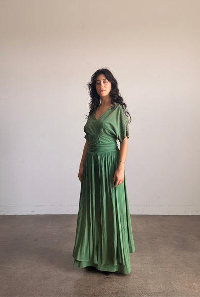 1940s Emerald Green Rayon Jersey Embellished Gown