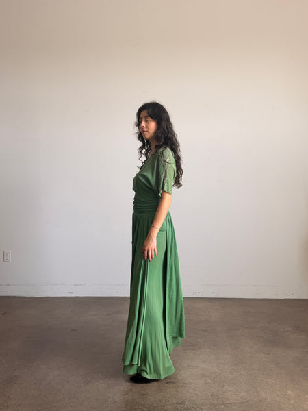1940s Emerald Green Rayon Jersey Embellished Gown