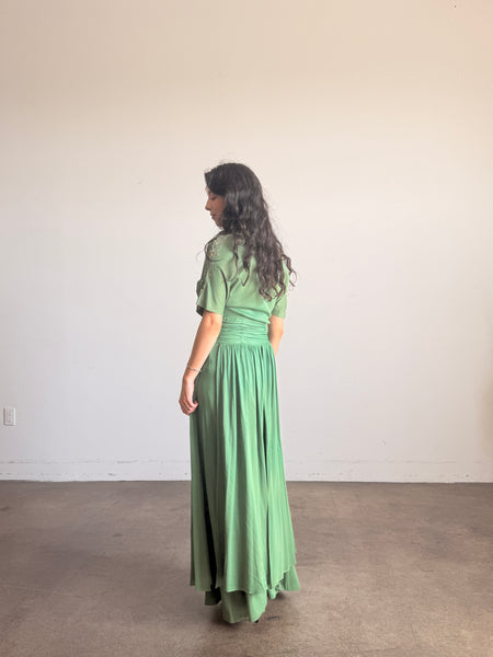 1940s Emerald Green Rayon Jersey Embellished Gown
