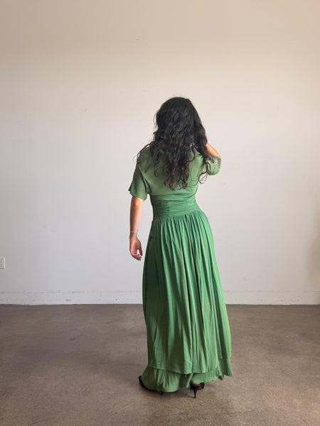 1940s Emerald Green Rayon Jersey Embellished Gown