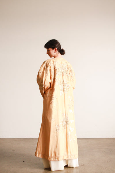 1920s Apricot Floral Motif Embroidered Silk Robe