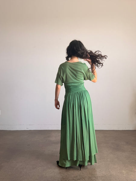 1940s Emerald Green Rayon Jersey Embellished Gown