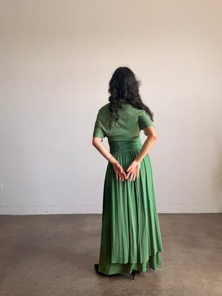 1940s Emerald Green Rayon Jersey Embellished Gown