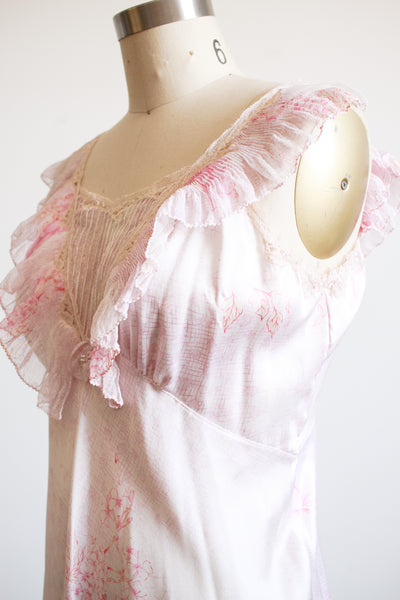 1990s Pink Grid Floral Print Nightgown Set