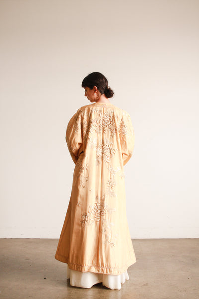 1920s Apricot Floral Motif Embroidered Silk Robe