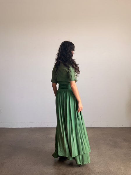 1940s Emerald Green Rayon Jersey Embellished Gown