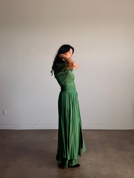 1940s Emerald Green Rayon Jersey Embellished Gown