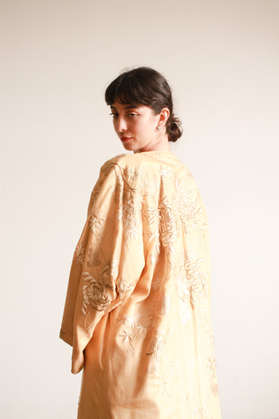 1920s Apricot Floral Motif Embroidered Silk Robe