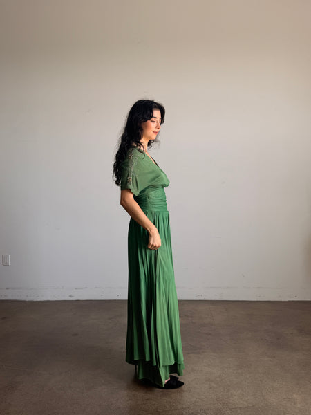 1940s Emerald Green Rayon Jersey Embellished Gown