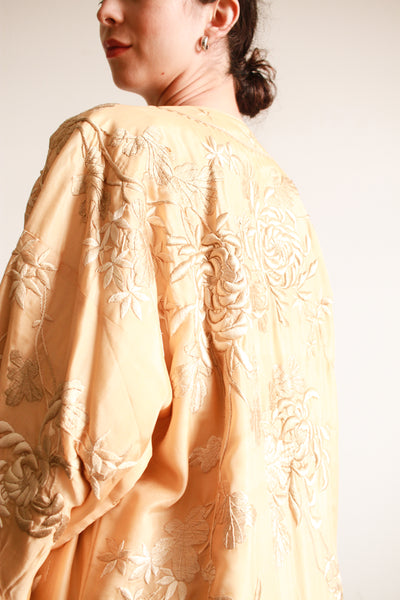 1920s Apricot Floral Motif Embroidered Silk Robe