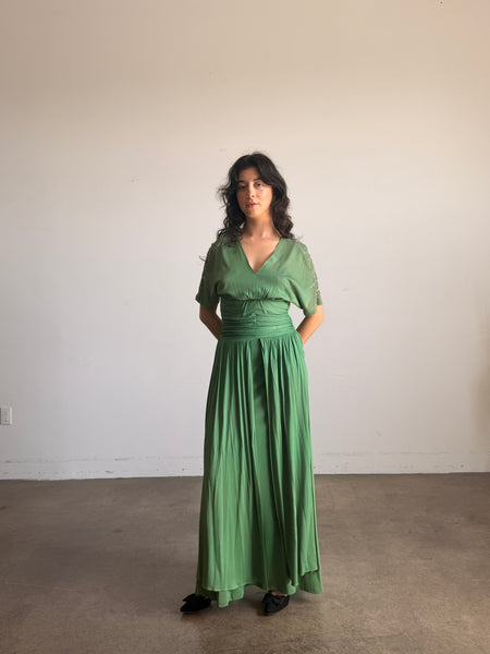 1940s Emerald Green Rayon Jersey Embellished Gown