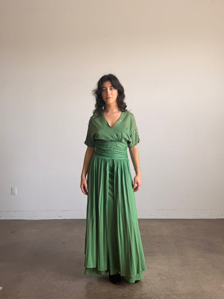 1940s Emerald Green Rayon Jersey Embellished Gown