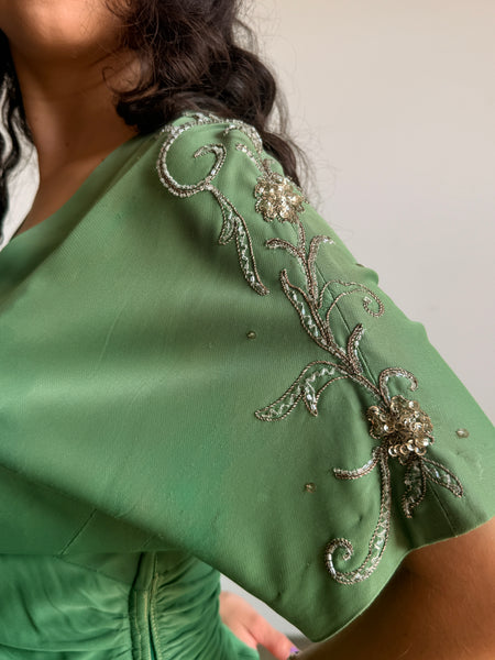 1940s Emerald Green Rayon Jersey Embellished Gown