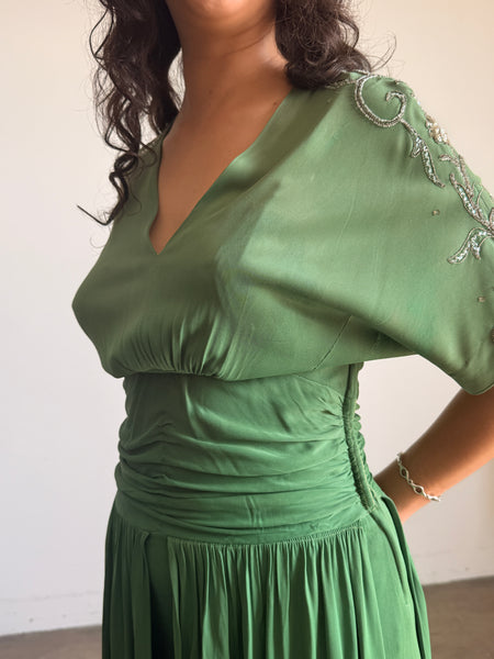1940s Emerald Green Rayon Jersey Embellished Gown