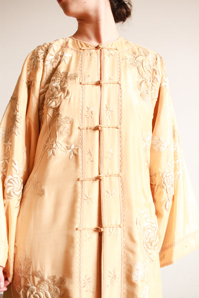 1920s Apricot Floral Motif Embroidered Silk Robe