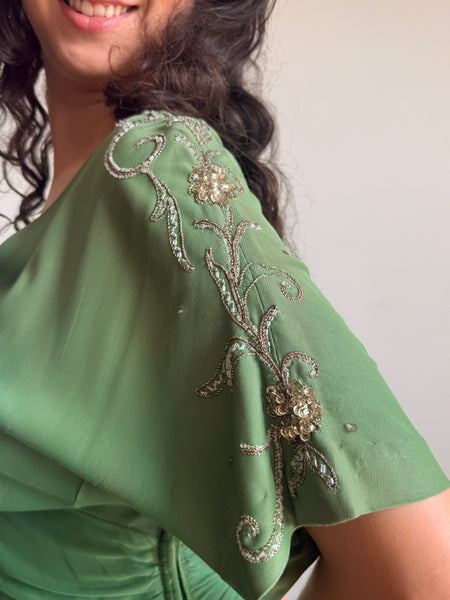 1940s Emerald Green Rayon Jersey Embellished Gown