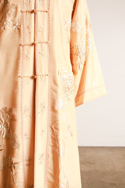 1920s Apricot Floral Motif Embroidered Silk Robe