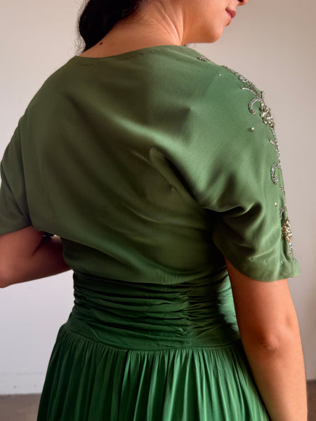1940s Emerald Green Rayon Jersey Embellished Gown