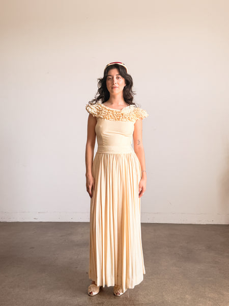 1940s Buttercream Eyelet Ruffled Cotton Dress