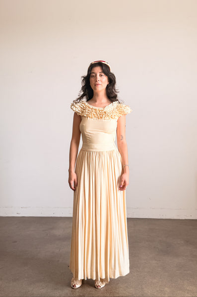 1940s Buttercream Eyelet Ruffled Cotton Dress
