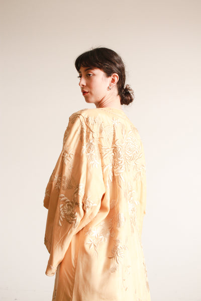 1920s Apricot Floral Motif Embroidered Silk Robe