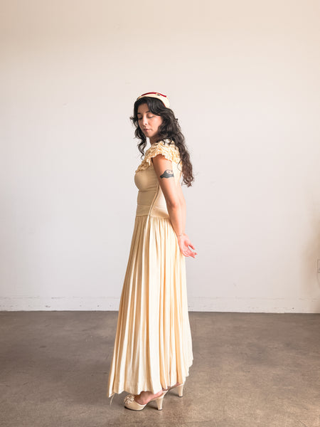 1940s Buttercream Eyelet Ruffled Cotton Dress