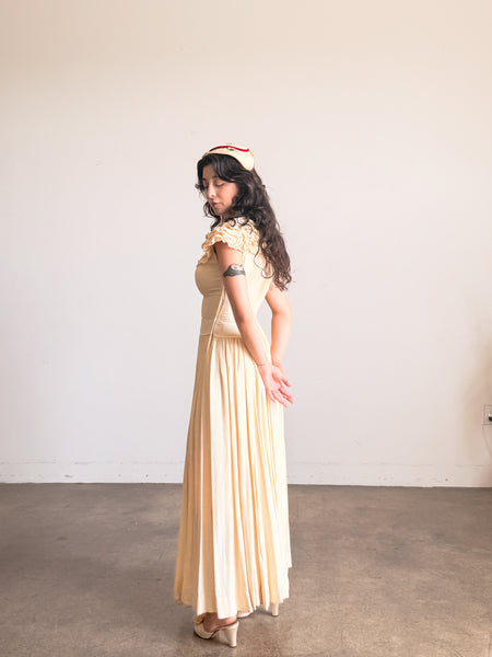 1940s Buttercream Eyelet Ruffled Cotton Dress