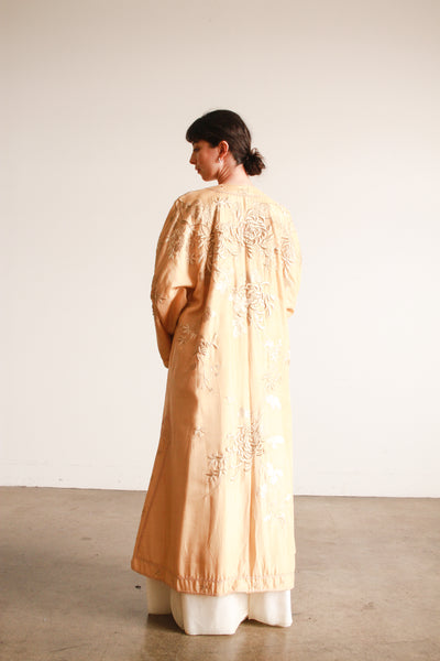 1920s Apricot Floral Motif Embroidered Silk Robe