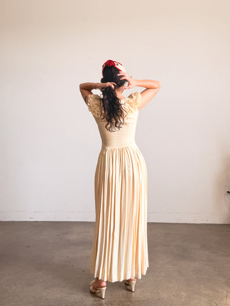 1940s Buttercream Eyelet Ruffled Cotton Dress