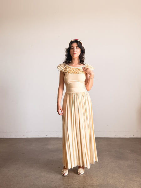 1940s Buttercream Eyelet Ruffled Cotton Dress
