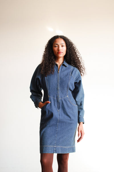 1970s Denim Zip Up Midi Dress