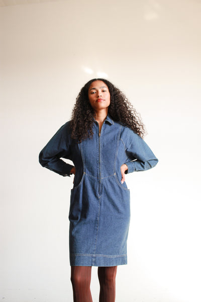 1970s Denim Zip Up Midi Dress