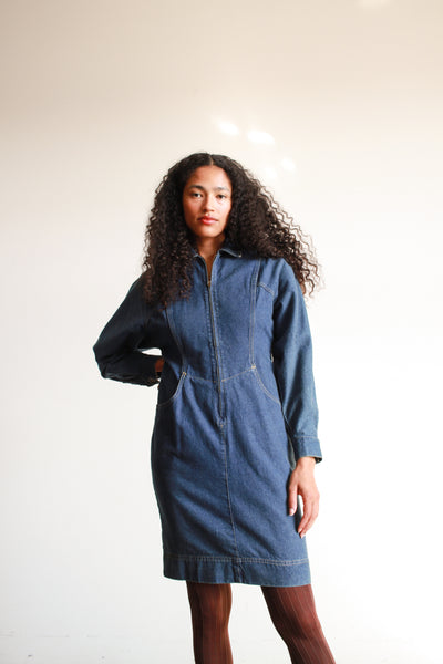 1970s Denim Zip Up Midi Dress